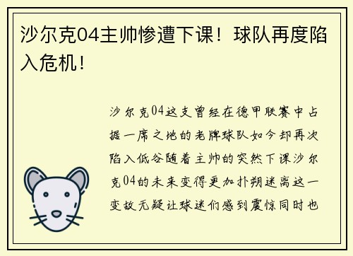 沙尔克04主帅惨遭下课！球队再度陷入危机！