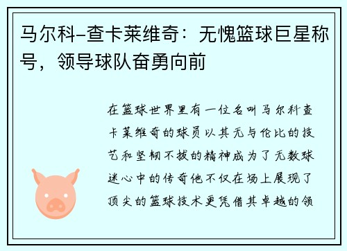 马尔科-查卡莱维奇：无愧篮球巨星称号，领导球队奋勇向前